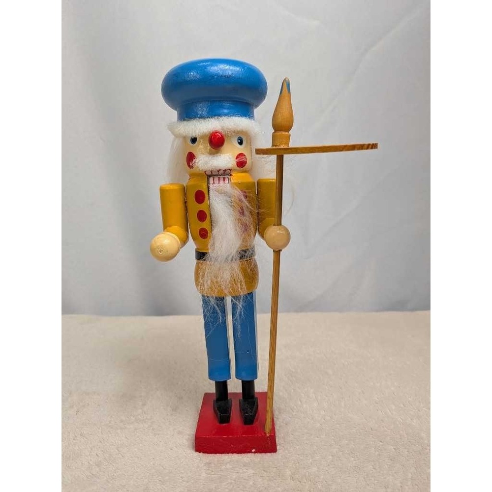 Wooden Nutcracker Soldier Blue Chef Hat Yellow Jacket Christmas Decor
